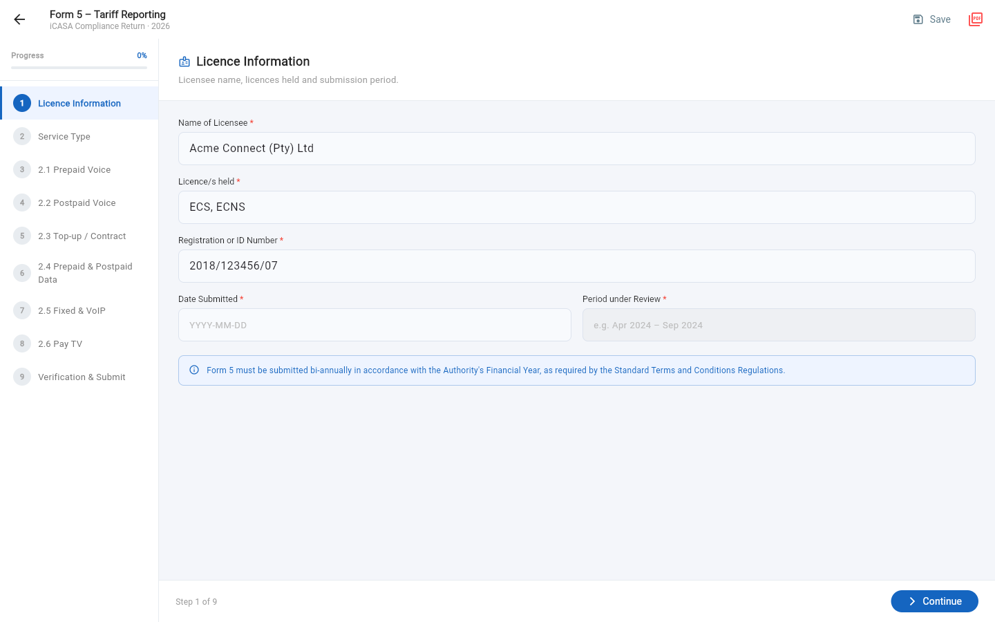 Guided wizard for Form 5 Tariff Reporting, showing plain-language step-by-step navigation